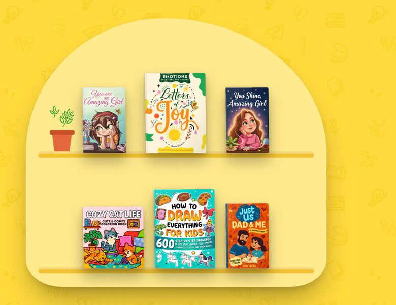 Two open shelves of Special Art books: You Are an Amazing Girl, Letters of Joy and You Shine, Amazing Girl on top, Cozy Cat Life, How to Draw Everything for Kids and Just Us Dad and Me below, with a little plant