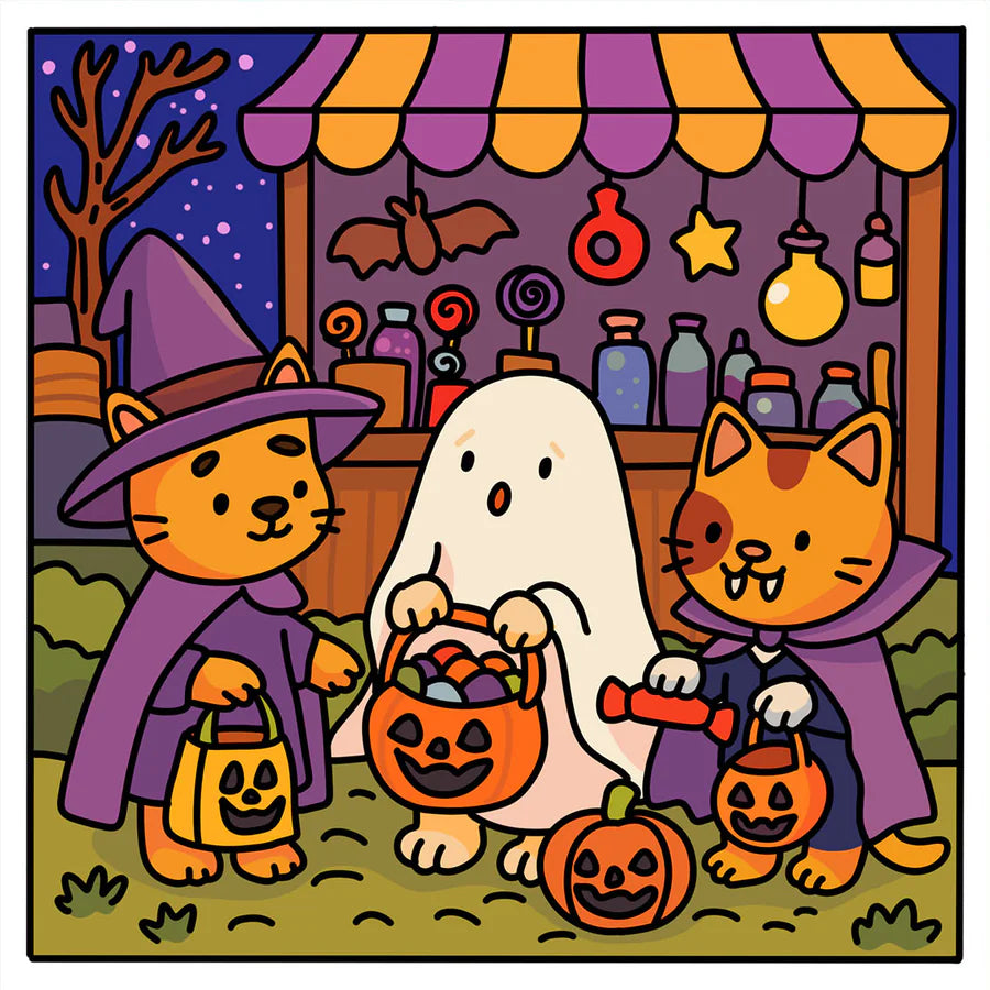 A colored scene from Happy Halloween: cats in costume and a ghost at a candy stall