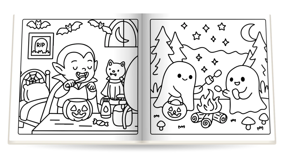 Happy Halloween open at two pages to color: a little vampire with a pumpkin bucket and two ghosts toasting marshmallows