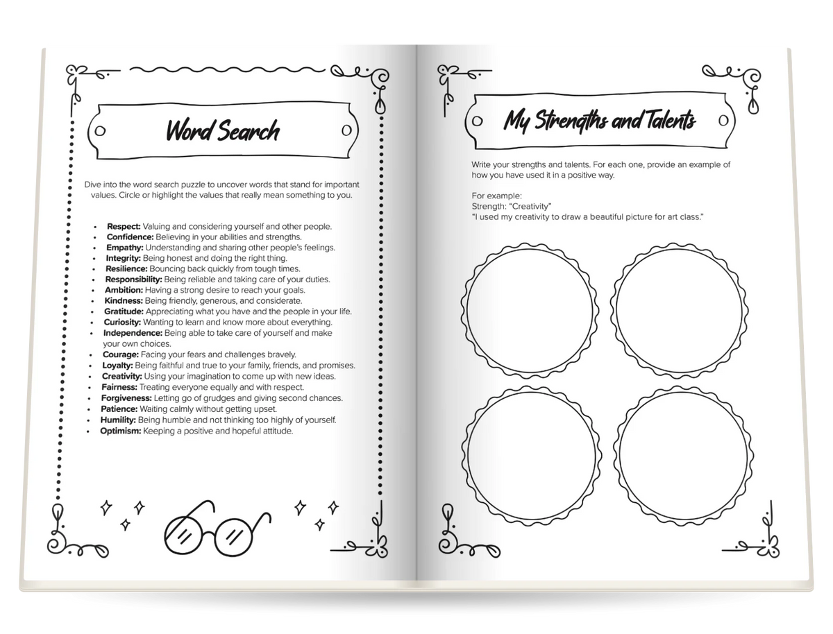 Empowering Journal for Girls open at a word search and «My Strengths and Talents»