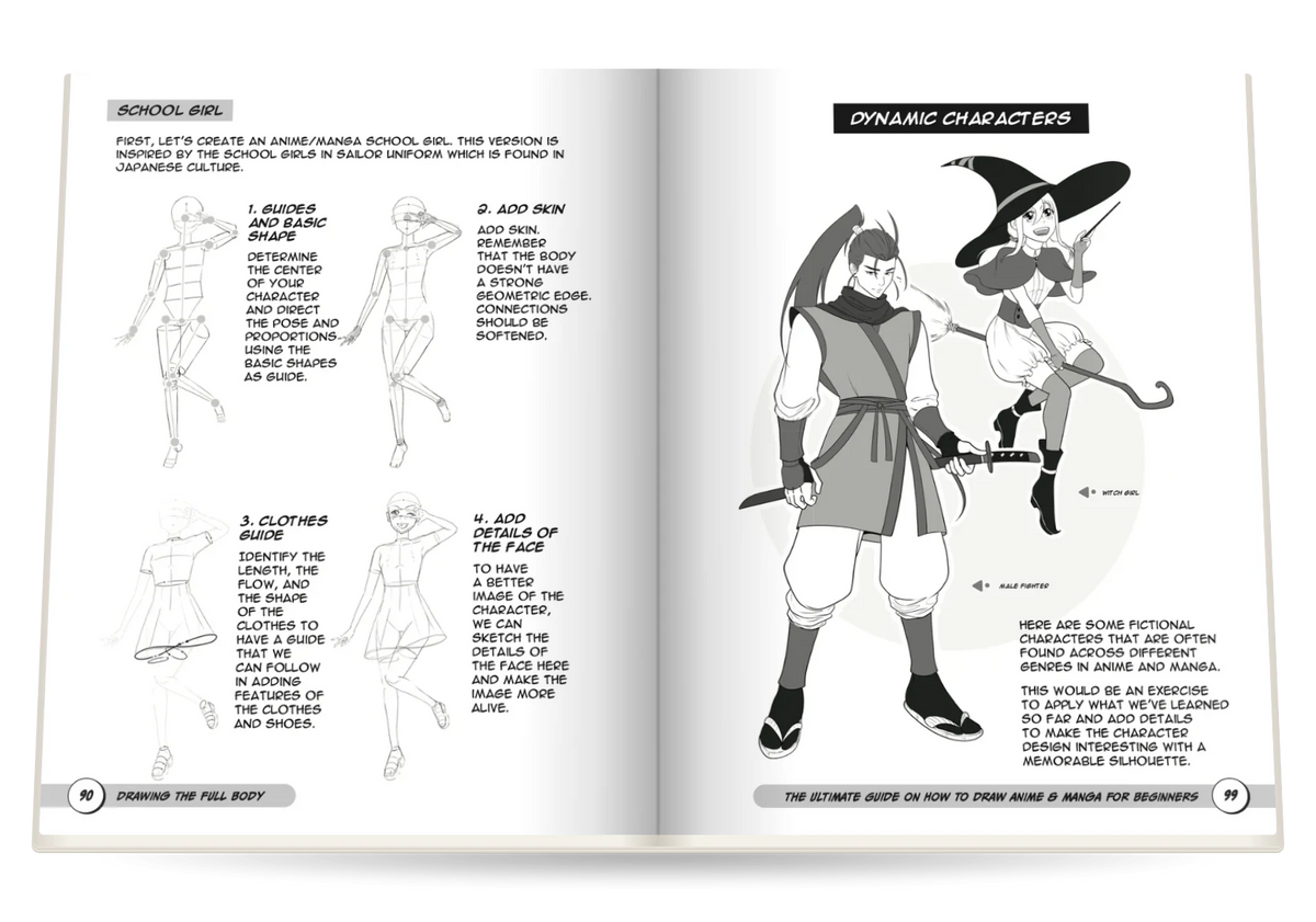 The anime and manga guide open at a step-by-step school girl and two finished characters, a warrior and a witch