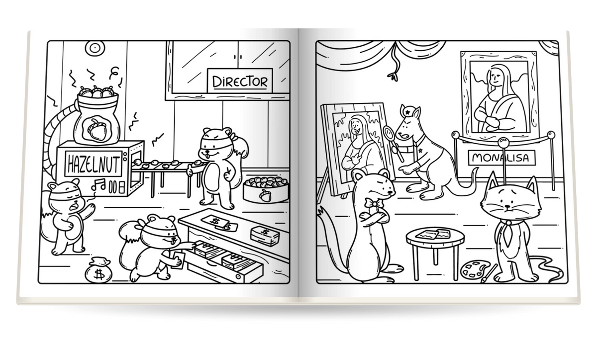 Funny Crimes open at two pages to color: squirrels stealing from a hazelnut factory and the theft of the Mona Lisa